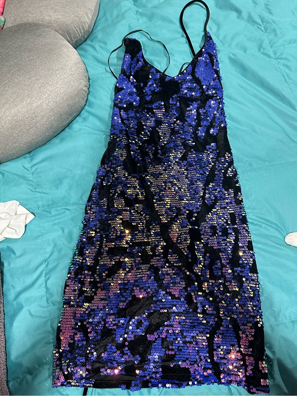 Sequin Spaghetti-Strap Bodycon Dress in Blue and Black